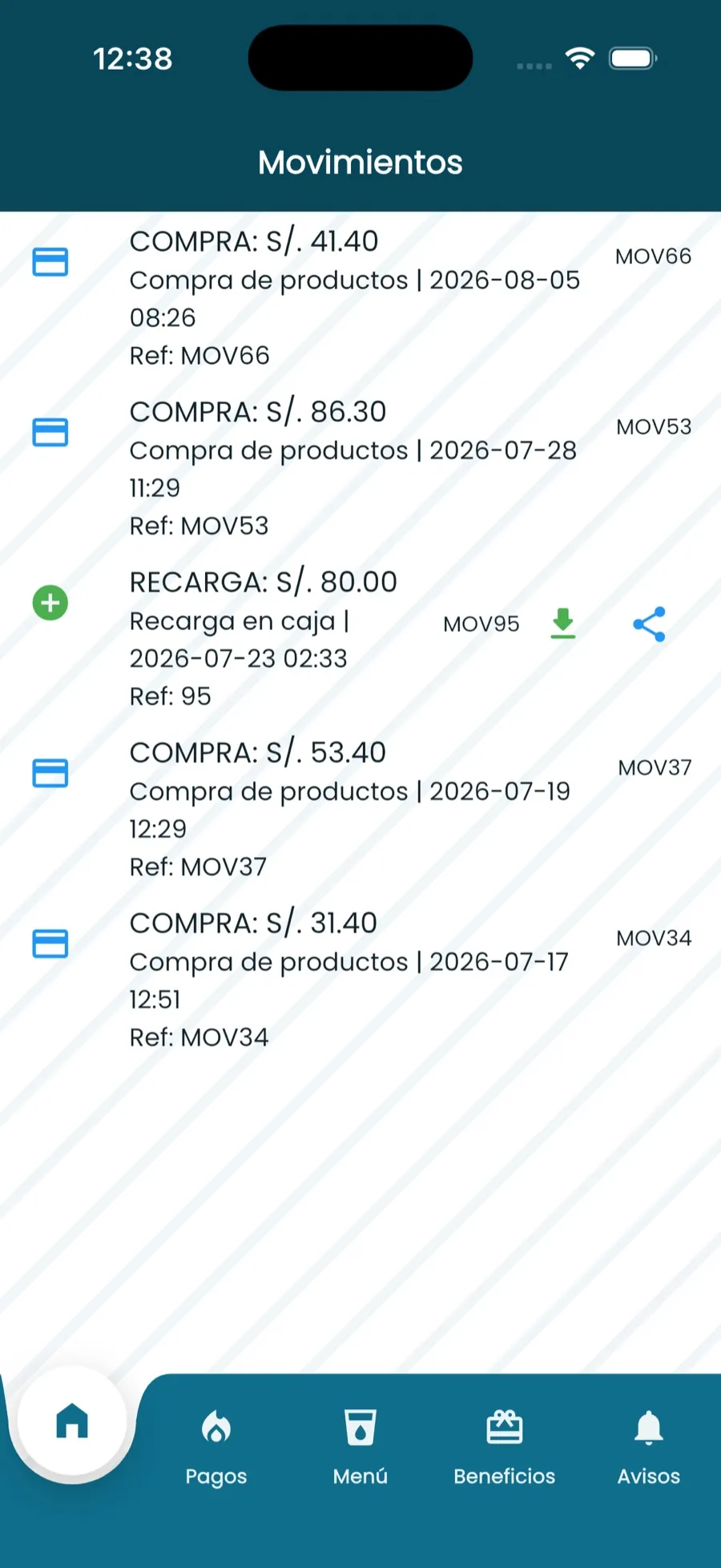 Historial real de recargas y compras